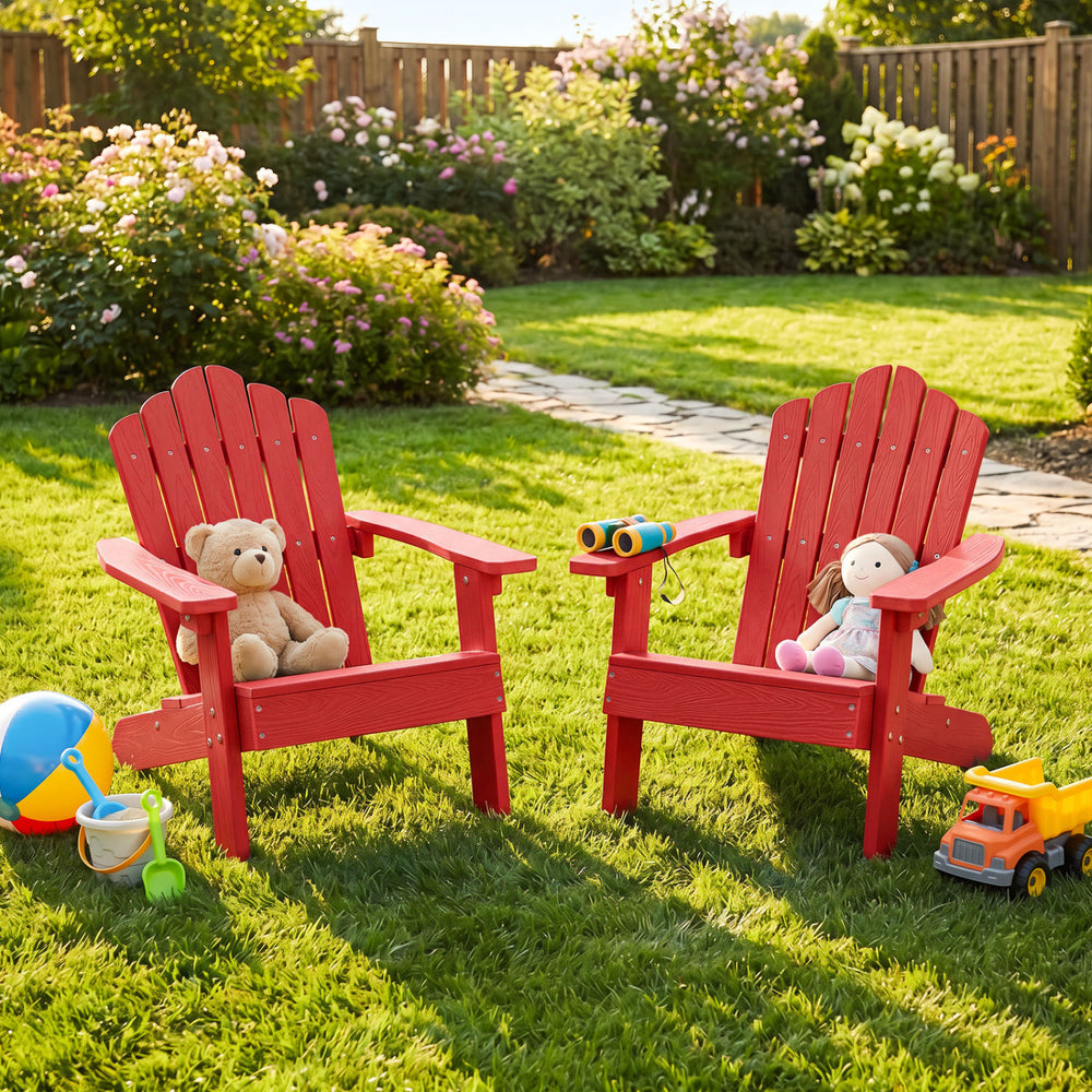 Set of 2 Kids Adirondack Chairs All-weather Outdoor Chairs for Children with Tilted High Backrest-Red - Gallery View 1 of 9