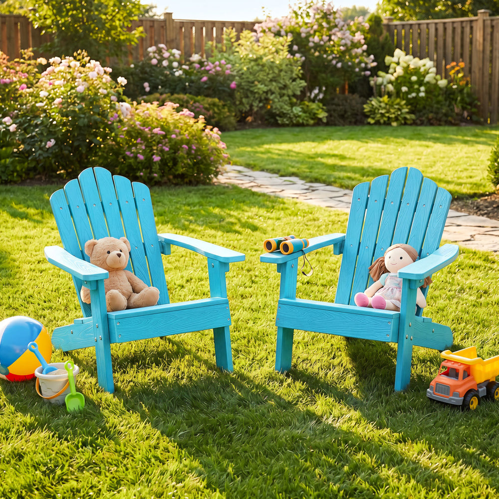 Set of 2 Kids Adirondack Chairs All-weather Outdoor Chairs for Children with Tilted High Backrest-Turquoise - Gallery View 1 of 9