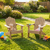 Set of 2 brown kids Adirondack chairs with tilted high backrest, perfect for outdoor relaxation in the backyard.
