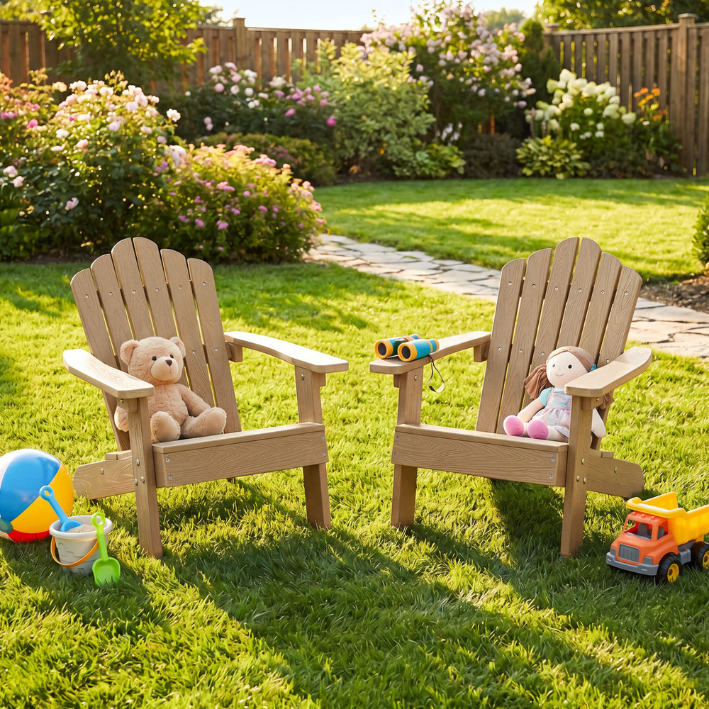 Set of 2 brown kids Adirondack chairs with tilted high backrest, perfect for outdoor relaxation in the backyard.