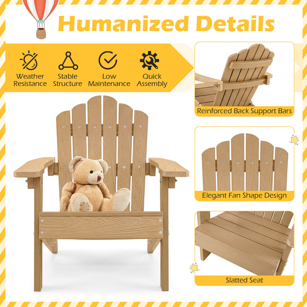 Kids Adirondack chair with tilted high backrest, made of all-weather HIPS material, perfect for outdoor relaxation.