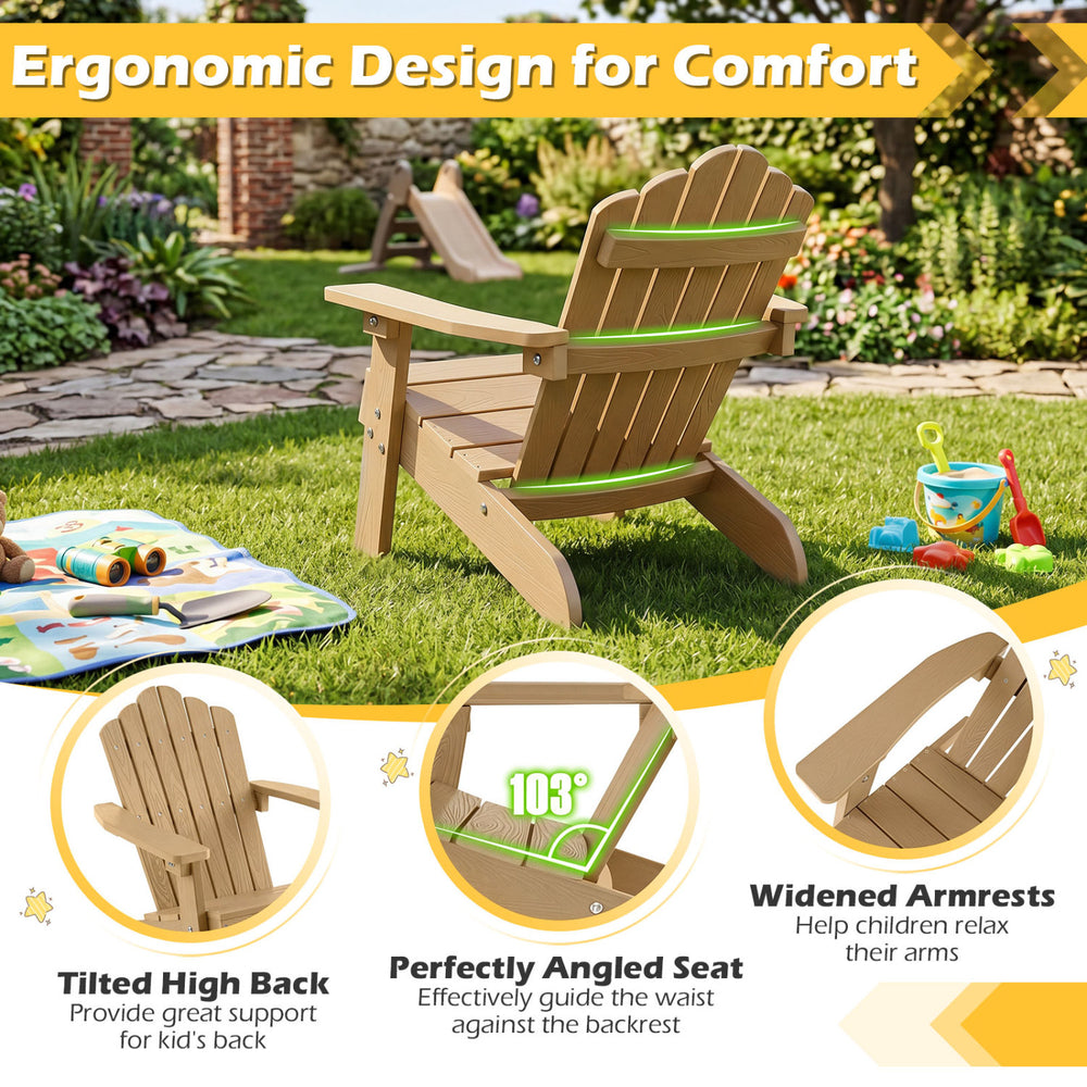 Kids Adirondack chair with tilted high backrest, all-weather HIPS material, perfect for backyard relaxation.
