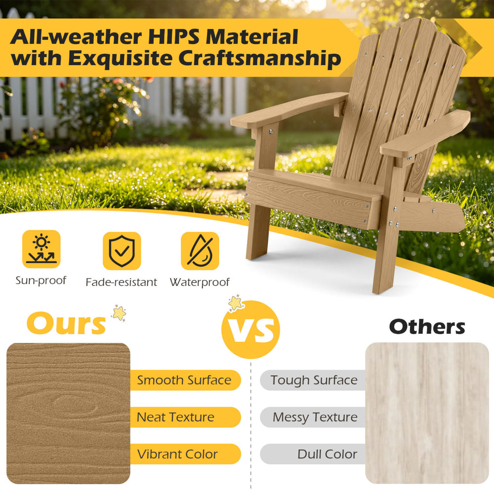 Kids Adirondack chair in brown, made of all-weather HIPS material, featuring a tilted high backrest for outdoor comfort.