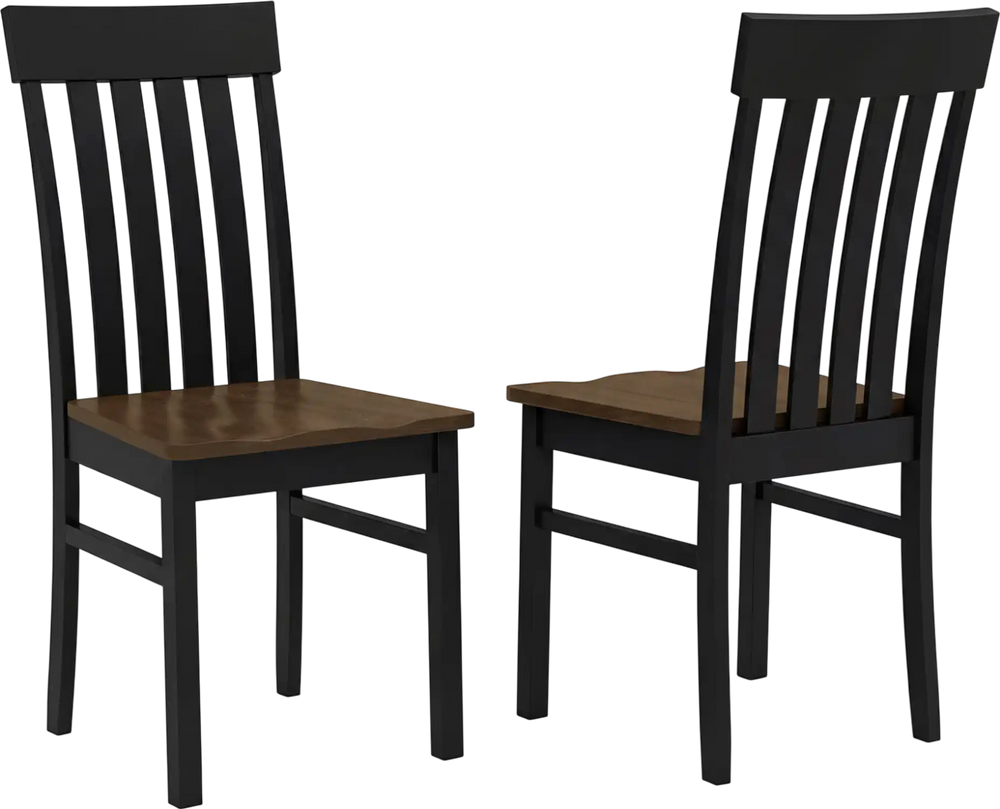 Side view of a black kitchen armless dining chair with a slatted high backrest and a rich wood seat, perfect for casual.