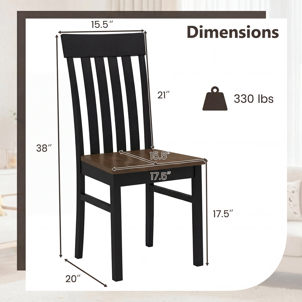 Black armless dining chair with slatted high backrest, dimensions 15.5" x 17.5" x 38", supports up to 330 lbs.