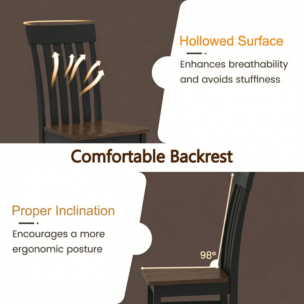 Set of 2 black kitchen dining chairs featuring slatted high backrests for enhanced breathability and ergonomic posture.