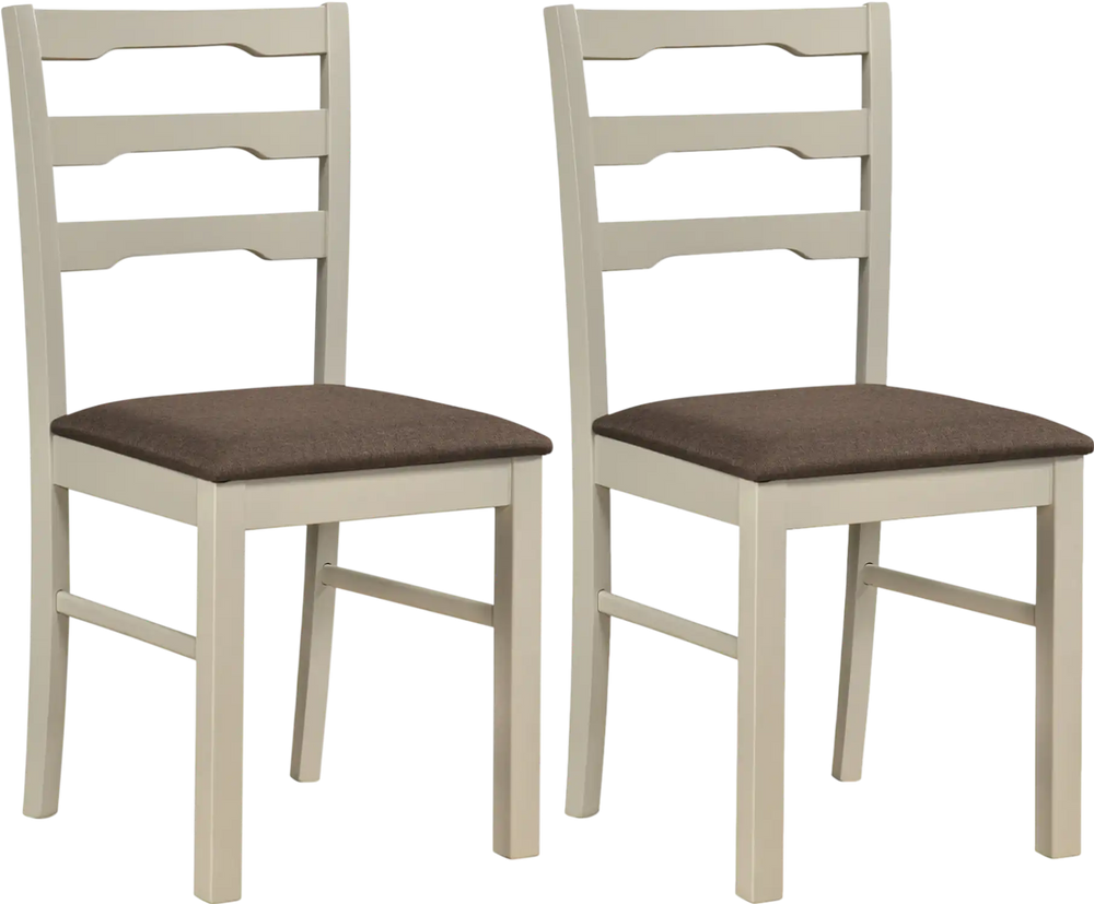 Set of 2 white upholstered dining chairs with ladder back design and rubber wood frames, ideal for modern farmhouse.