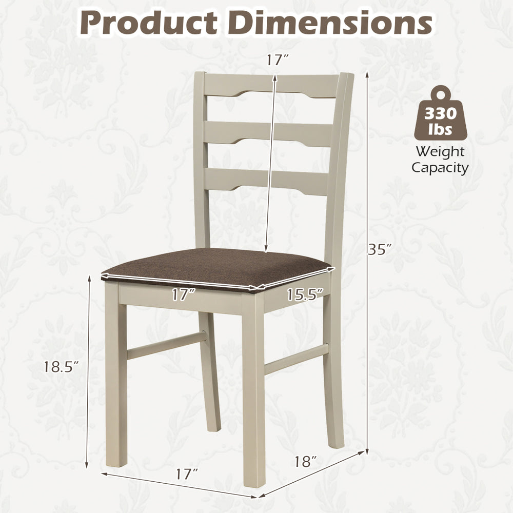 Dimensions of a white upholstered dining chair with a ladder back design, accommodating 330 lbs for versatile use.