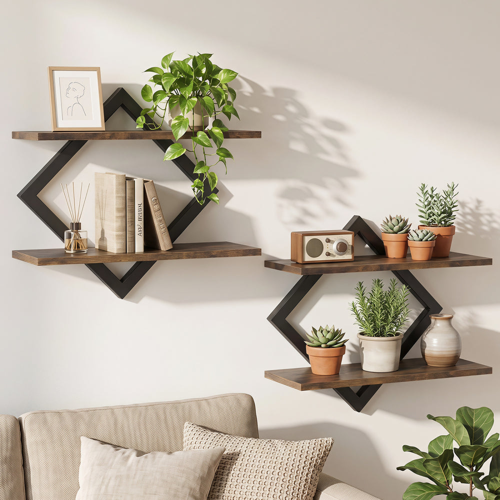 Diamond-shaped metal floating shelves in rustic brown with wood-like texture, perfect for stylish wall storage.