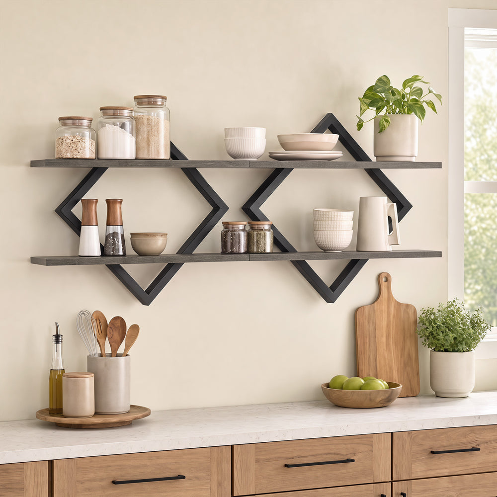 Set of 2 Metal Floating Shelves for Wall with Geometric Frame-Gray Oak - Gallery View 1 of 9