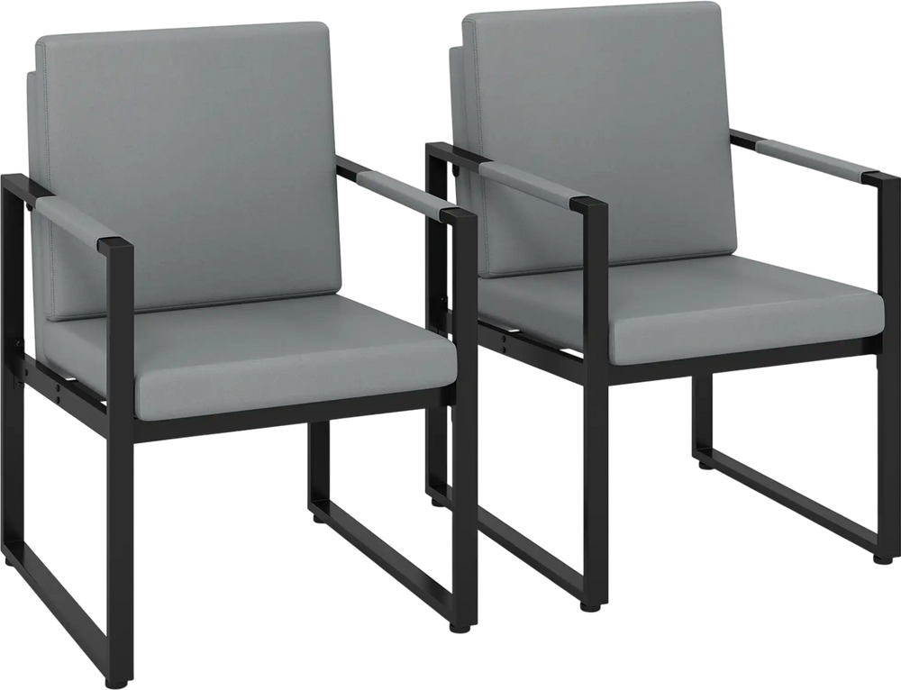 Set of 2 gray mid-century modern sofa chairs with cushions, featuring sturdy metal frames for versatile seating.
