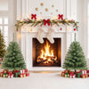 Two 3 FT mini tabletop Christmas trees with 113 green PVC branch tips flank a festive fireplace scene.