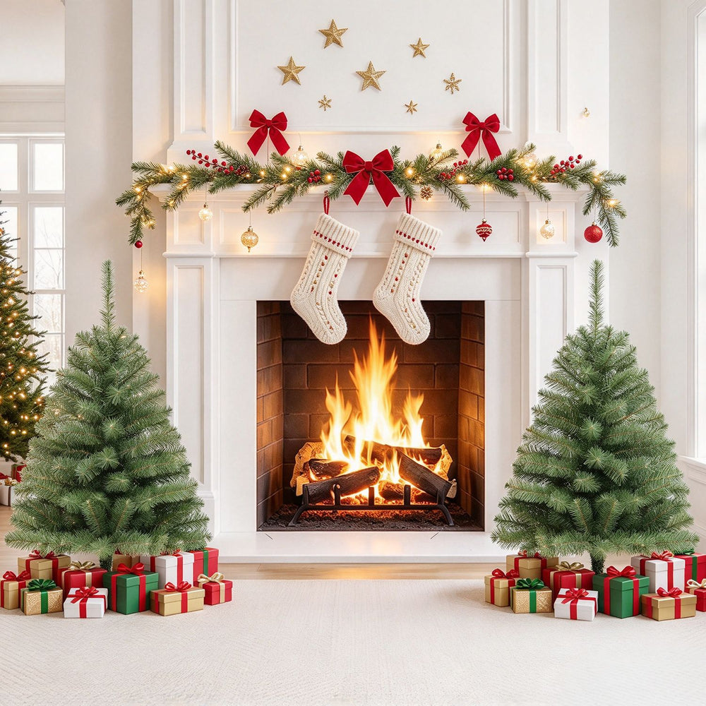Two 3 FT mini tabletop Christmas trees with 113 green PVC branch tips flank a festive fireplace scene.