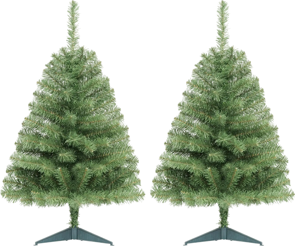 Two 3 FT tabletop Christmas trees with 113 green PVC branch tips shown side by side, ideal for small spaces.