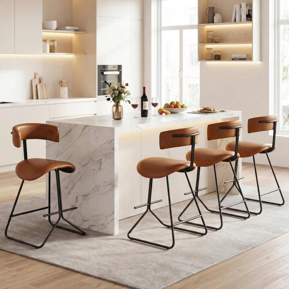 Set of 2 modern counter height stools with espresso faux leather upholstery, curved seat, and stable metal base for.