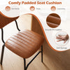 Brown dining chair featuring a thick padded seat cushion, smooth PU leather, and solid metal legs for stability.