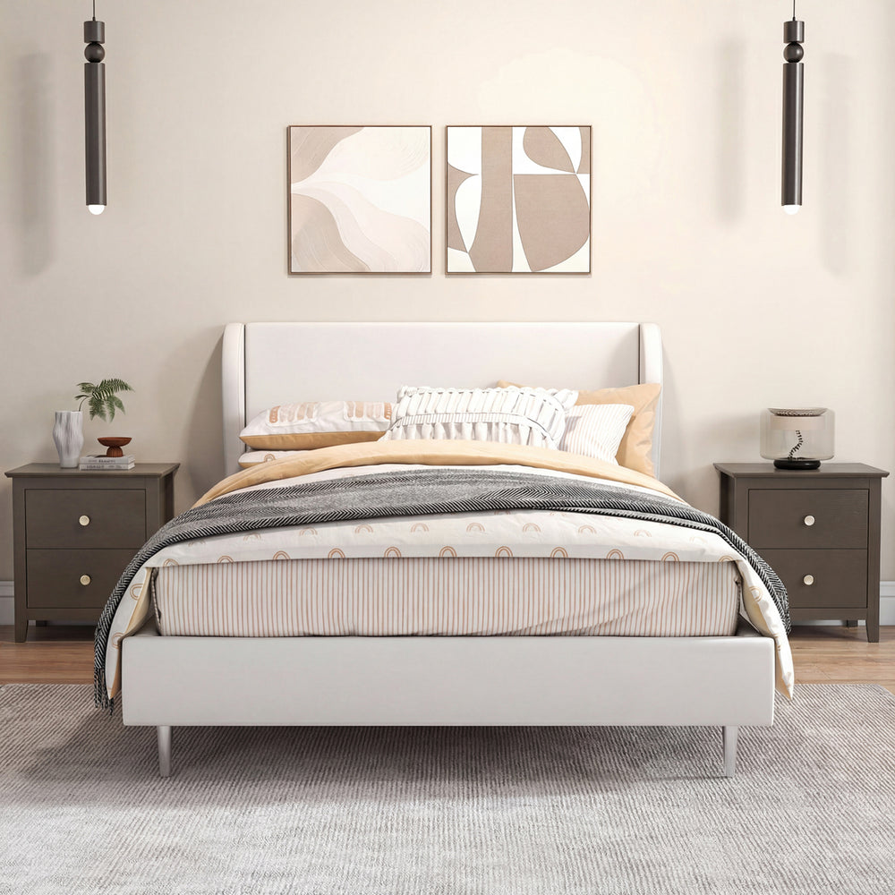 Modern nightstand in rustic brown showcasing a wide tabletop and two drawers, ideal for stylish storage in small spaces.