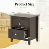 Modern nightstand with two drawers in rustic brown, showcasing dimensions for small spaces and elegant design.