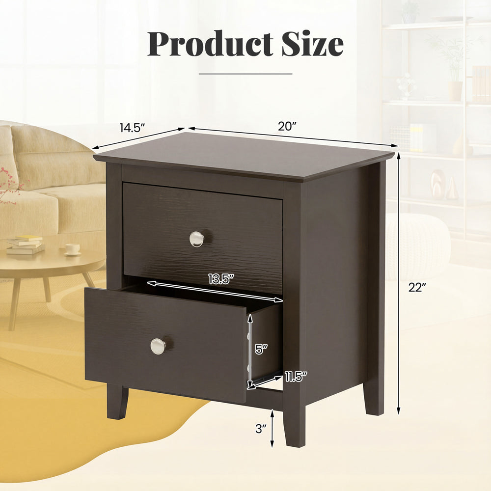 Modern nightstand with two drawers in rustic brown, showcasing dimensions for small spaces and elegant design.