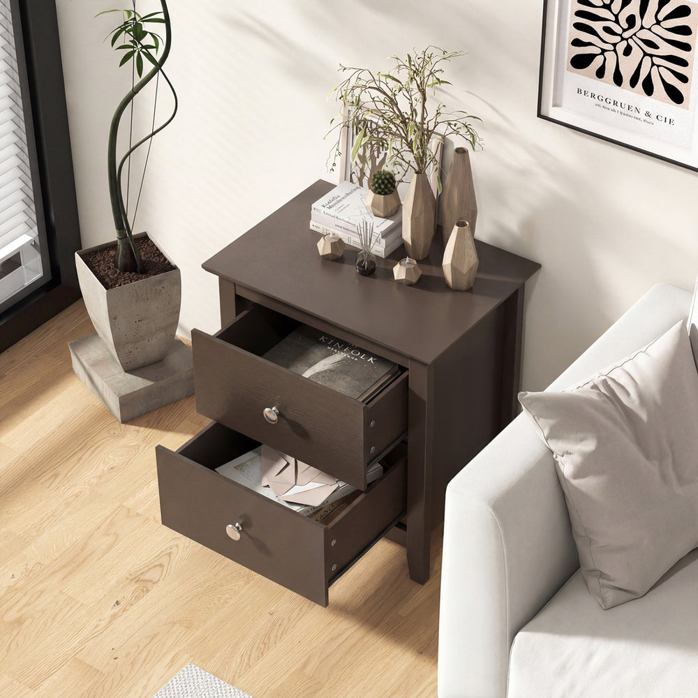 Modern rustic brown nightstand with two drawers, perfect for small spaces and ideal for bedroom or living room use.