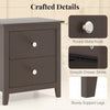 Modern nightstand in rustic brown featuring two drawers, round metal knob, and sturdy support legs for small spaces.