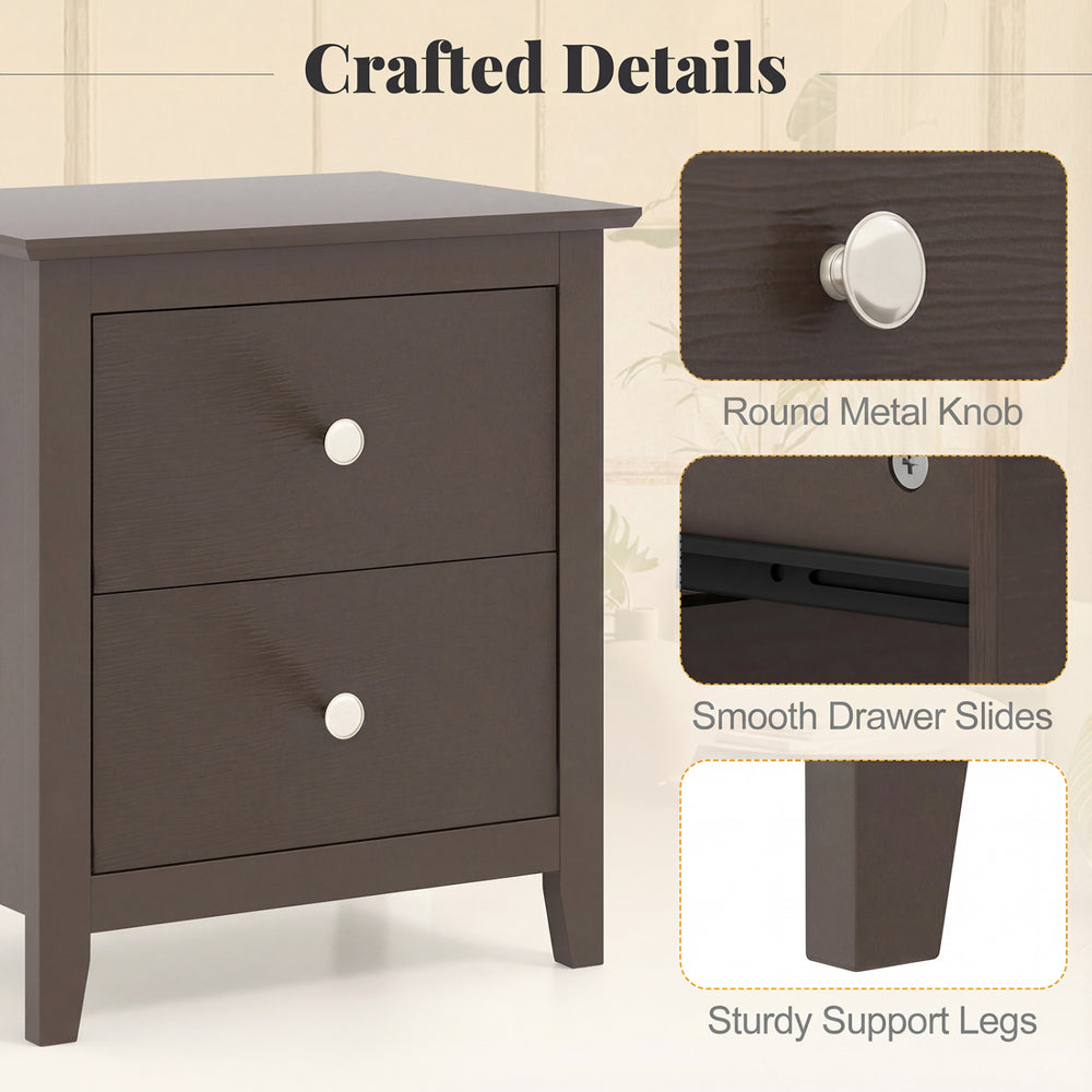 Modern nightstand in rustic brown featuring two drawers, round metal knob, and sturdy support legs for small spaces.
