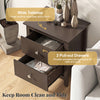 Modern nightstand in rustic brown with wide tabletop and two pull-out drawers for small space storage.