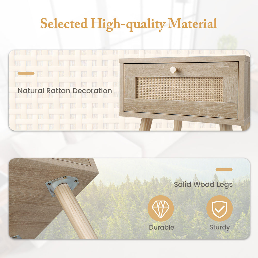 Modern rattan nightstand with drawer, solid wood legs, and natural rattan decoration for stylish bedroom storage.