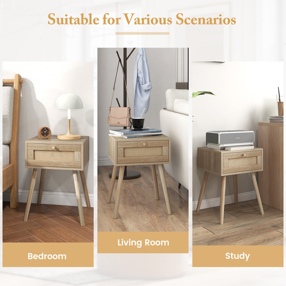 Modern rattan nightstand with drawer and solid wood legs, perfect for bedroom or living room storage and decor.