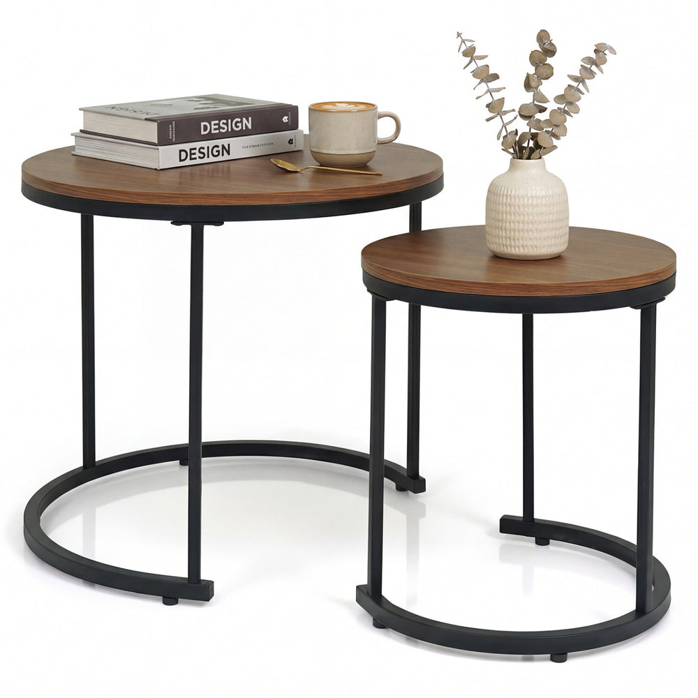 Set of 2 modern round nesting coffee tables in light brown with a vintage design, perfect for small spaces and.