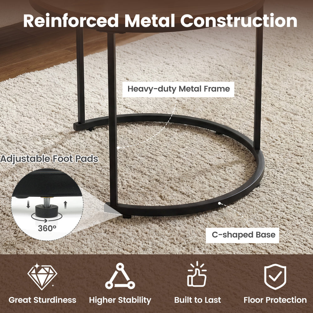 C-shaped base of a nesting coffee table set with heavy-duty metal frame and adjustable foot pads for stability.