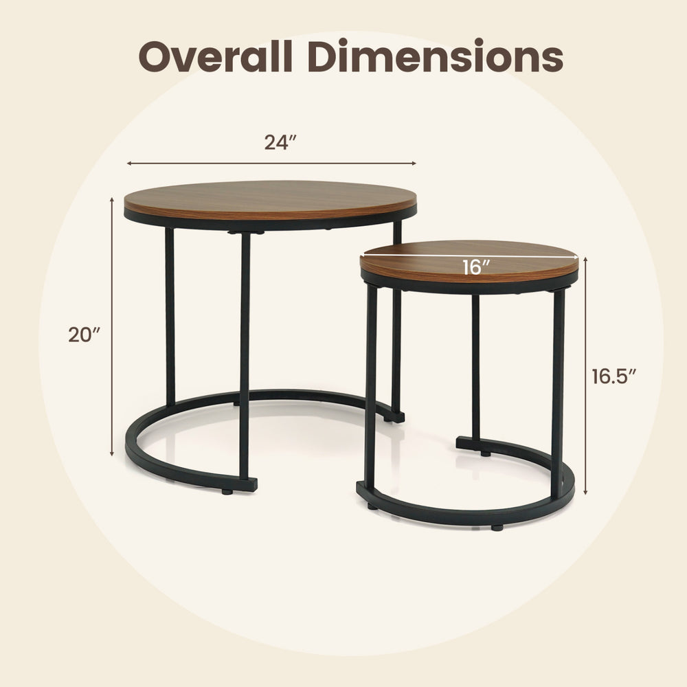 Set of 2 modern round nesting coffee tables in light brown, featuring a vintage design and compact dimensions for.