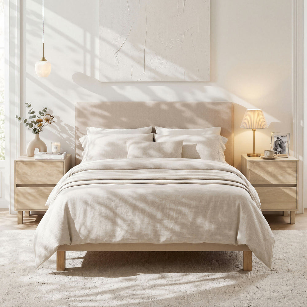 Modern wooden end table with two storage drawers, featuring a spacious top and minimalist design for versatile home use.