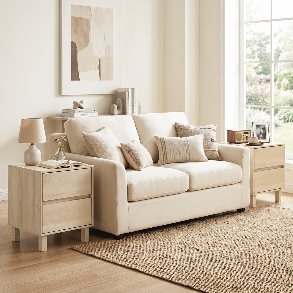 Modern wooden end table with two storage drawers, featuring a spacious tabletop and minimalist design for versatile.