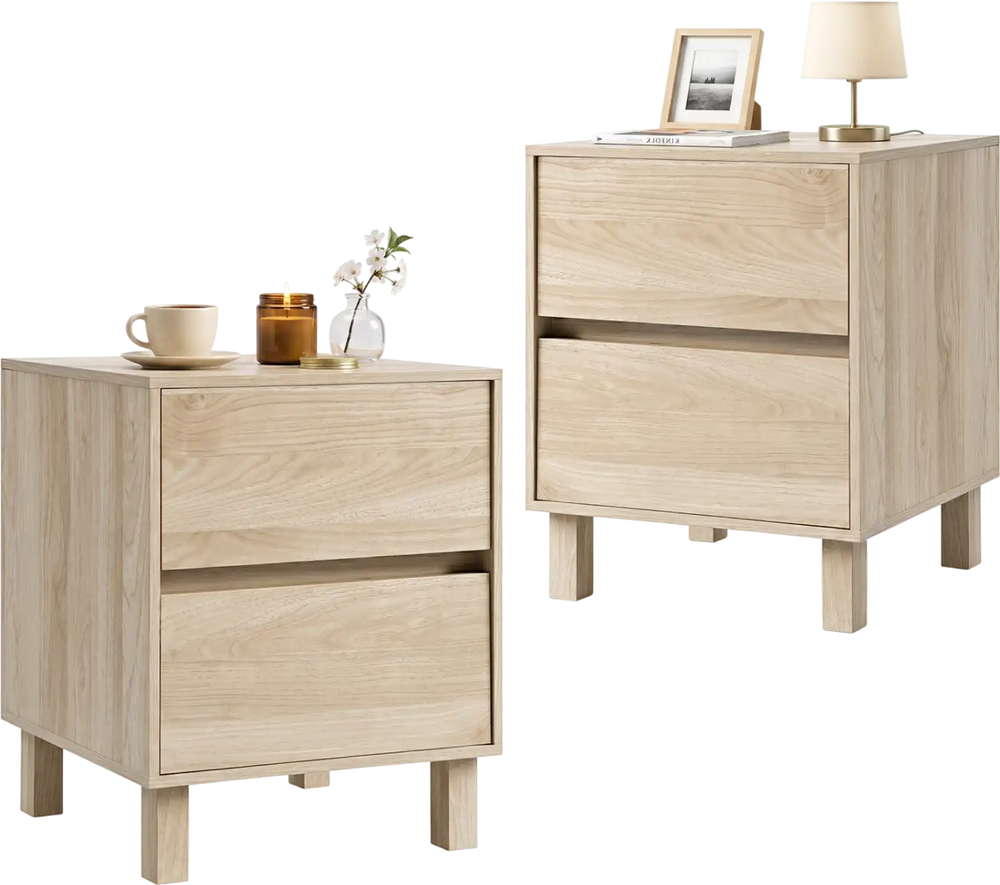 Modern wooden end table with two storage drawers, featuring a natural finish and sturdy legs for versatile home use.