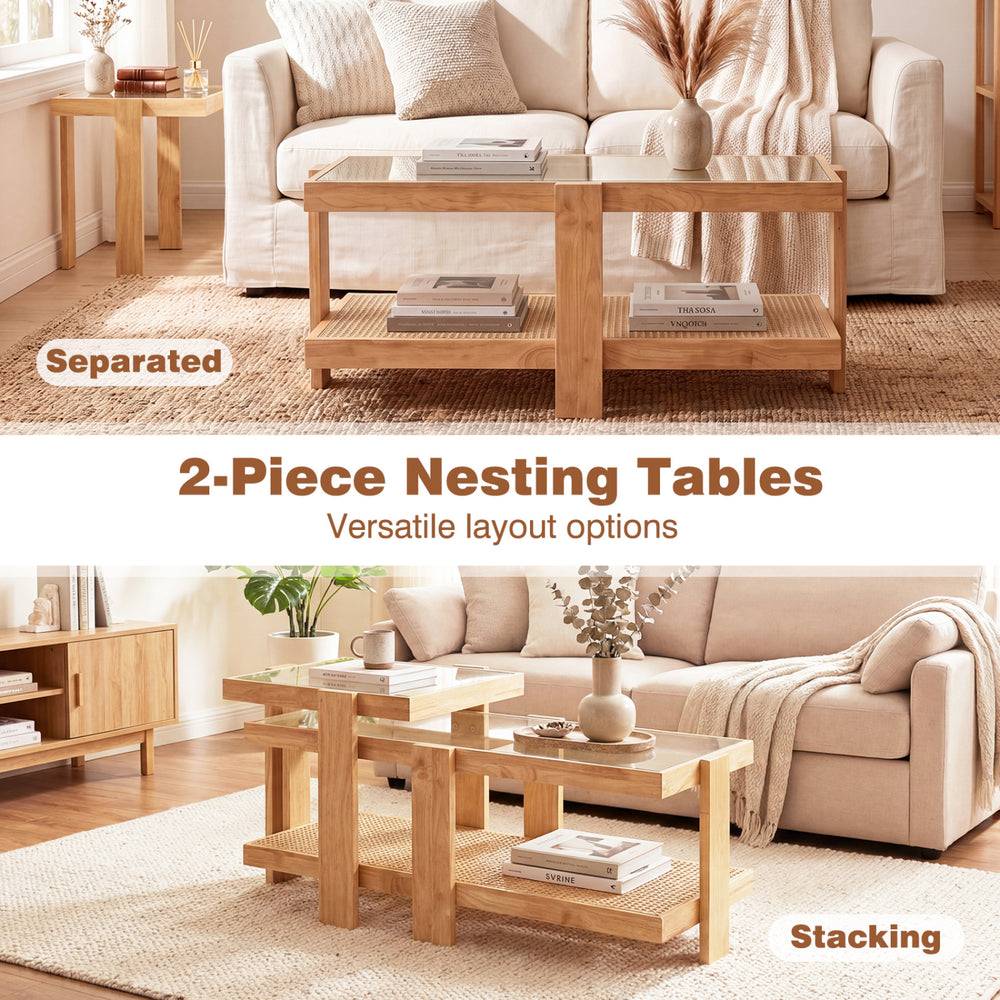Nesting coffee tables with rattan accents and tempered glass, showcasing versatile layouts for organized living spaces.