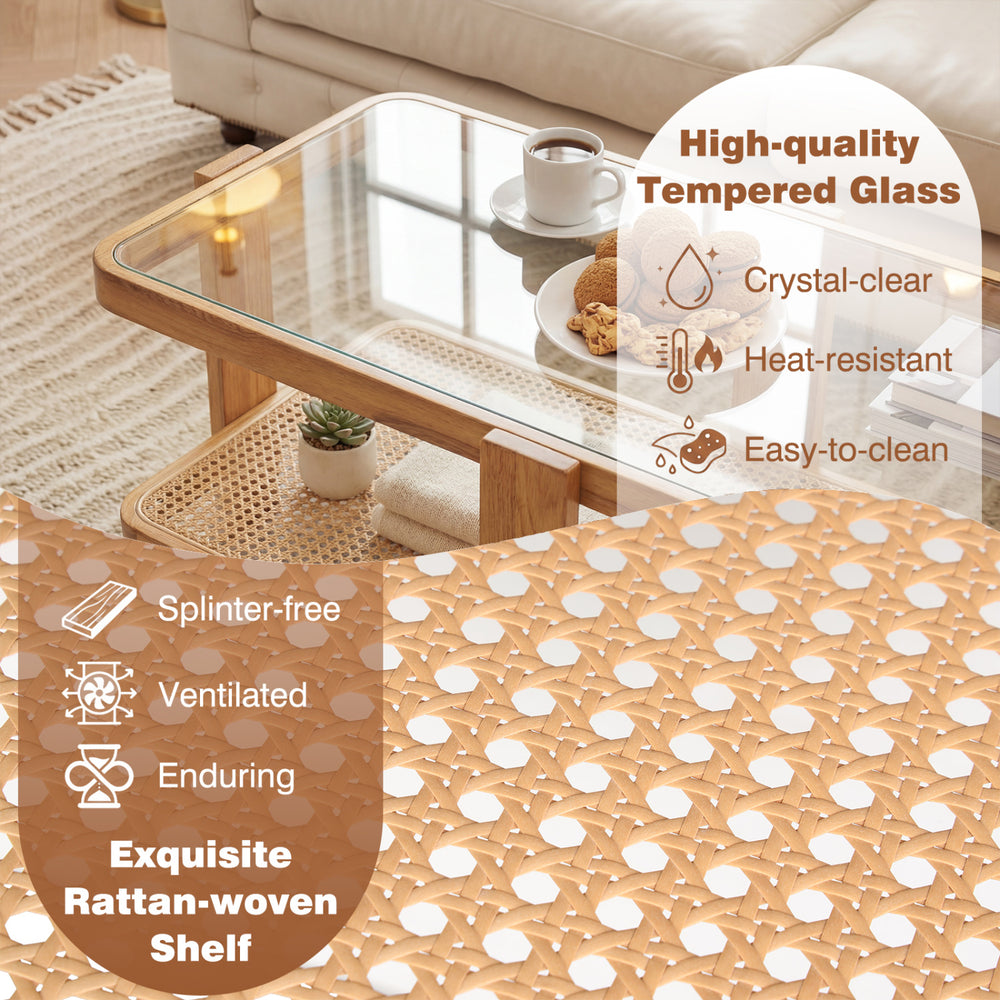 Nesting coffee tables with natural rattan shelves and tempered glass tops, perfect for versatile living room layouts.