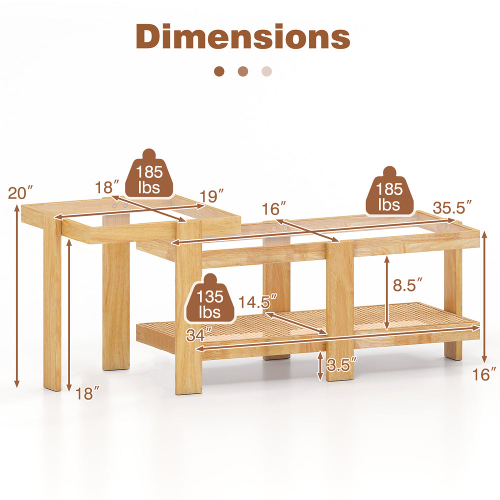 Nesting coffee tables with natural wood finish, rattan shelf, and tempered glass top, ideal for versatile living room.