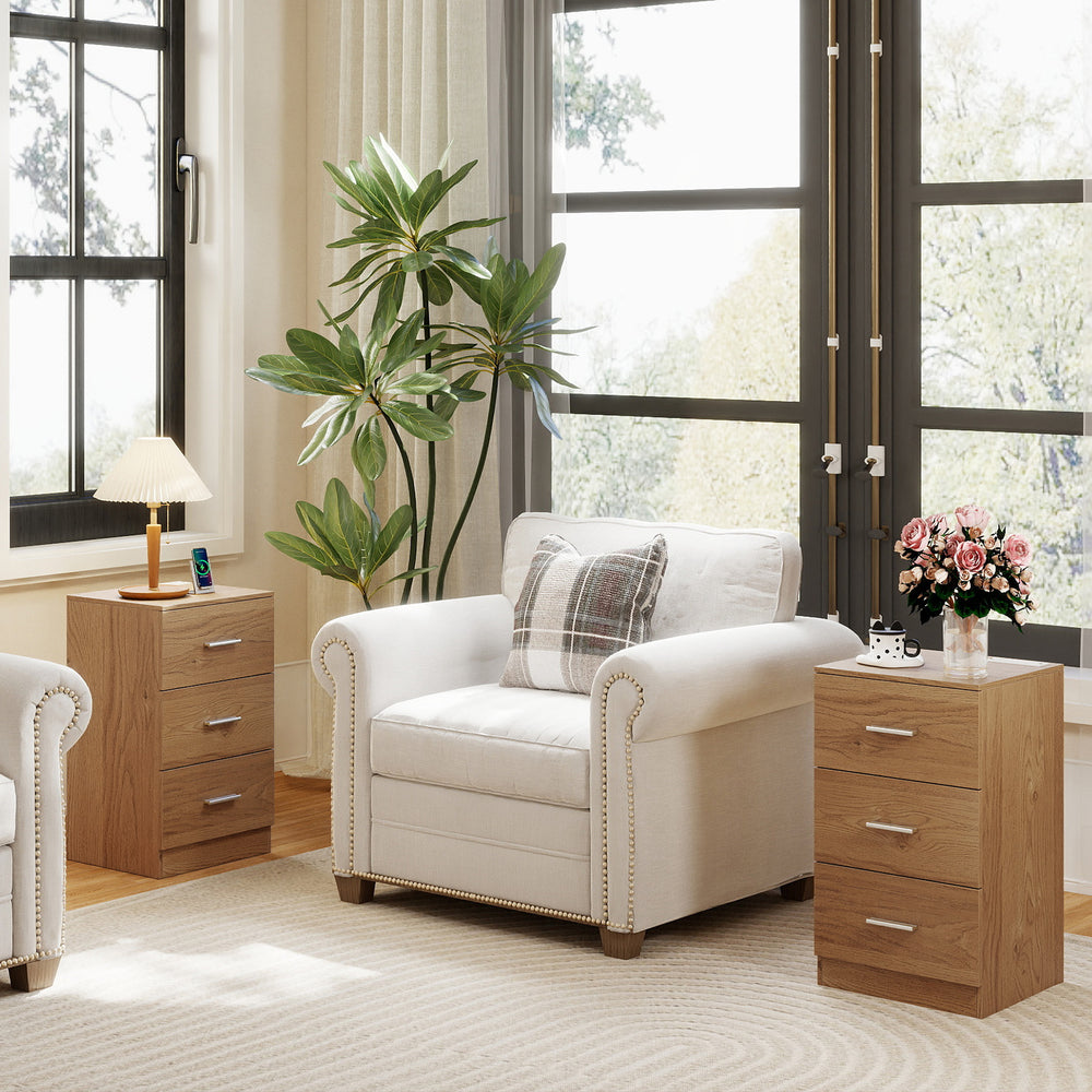 Set of 2 Nightstand with Charging Station End Table with 3 Storage Drawers Bedside Table for Bedroom-Natural - Gallery View 1 of 8
