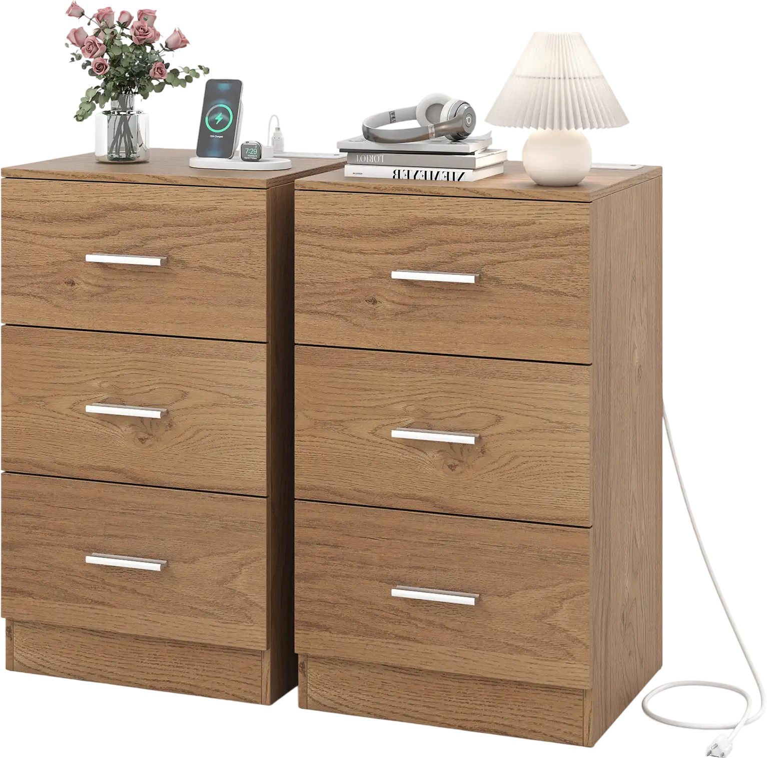 Costway Set of 2 Nightstands with Charging Station 3-Drawer Bedside End Tables 63297028 New