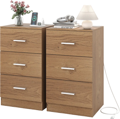 Costway Set of 2 Nightstands w/ Charging Station 3-Drawer Bedside End Table 63297028 New