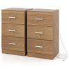 Set of 2 natural wood nightstands with 3 drawers and built-in charging station for bedroom organization.