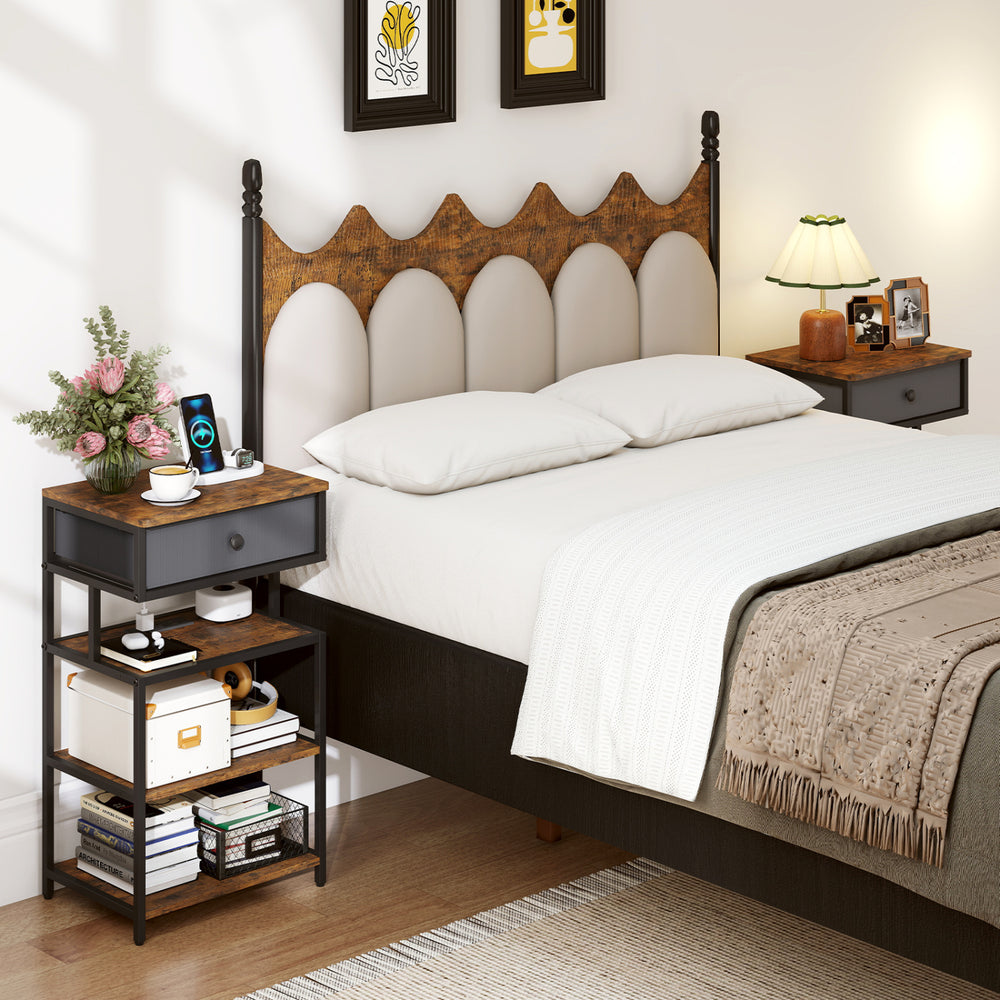 Rustic brown nightstand set with fabric drawers and charging station, ideal for bedside storage and convenience.