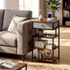Rustic brown nightstand with fabric drawer and charging station, perfect for bedside use in a cozy living space.