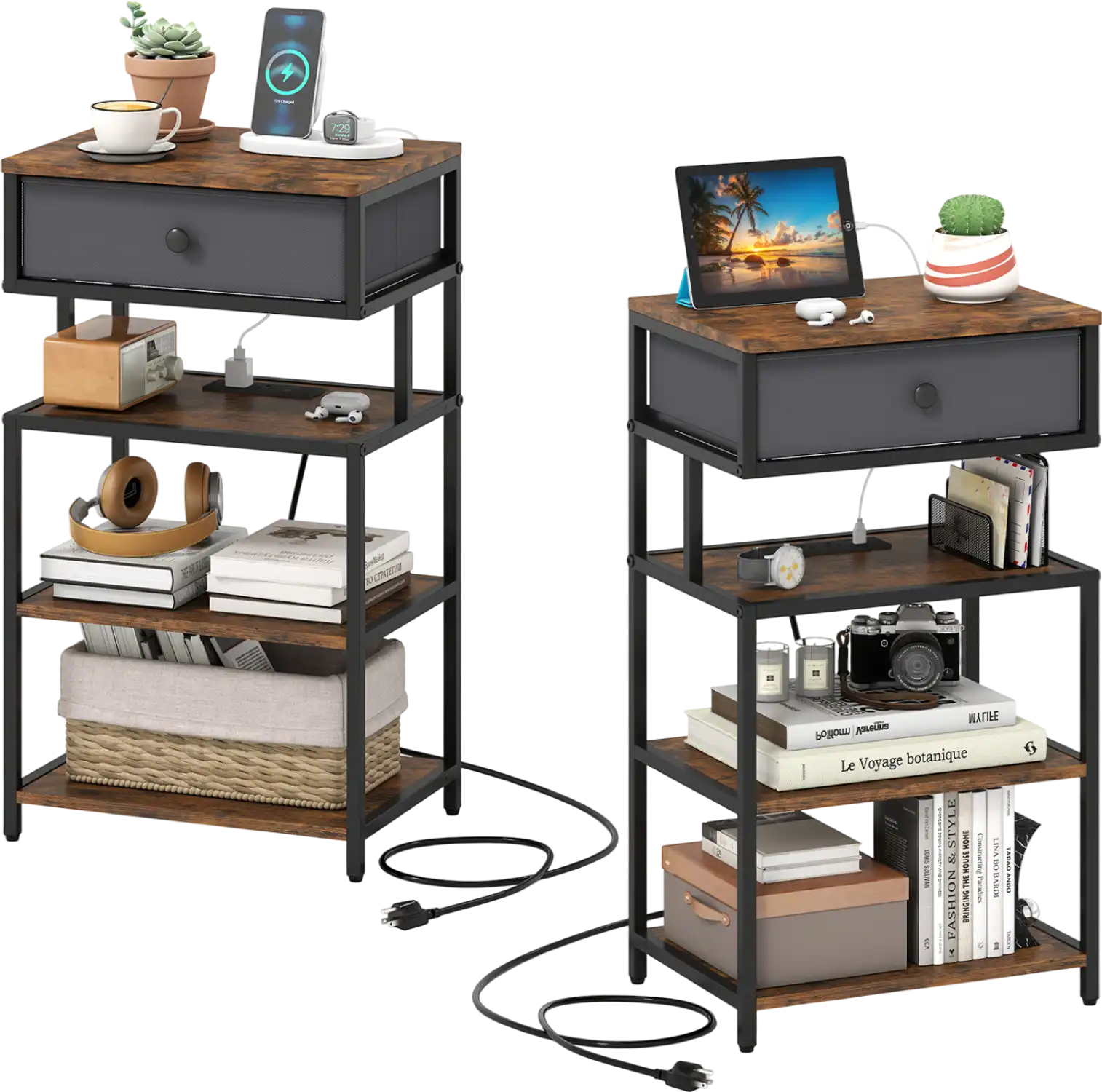 Costway Set of 2 Nightstands with Charging Station Fabric Drawer 28