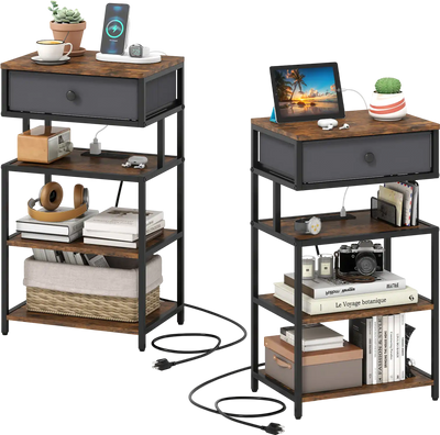 Costway Set of 2 Nightstands with Charging Station Fabric Drawer 28