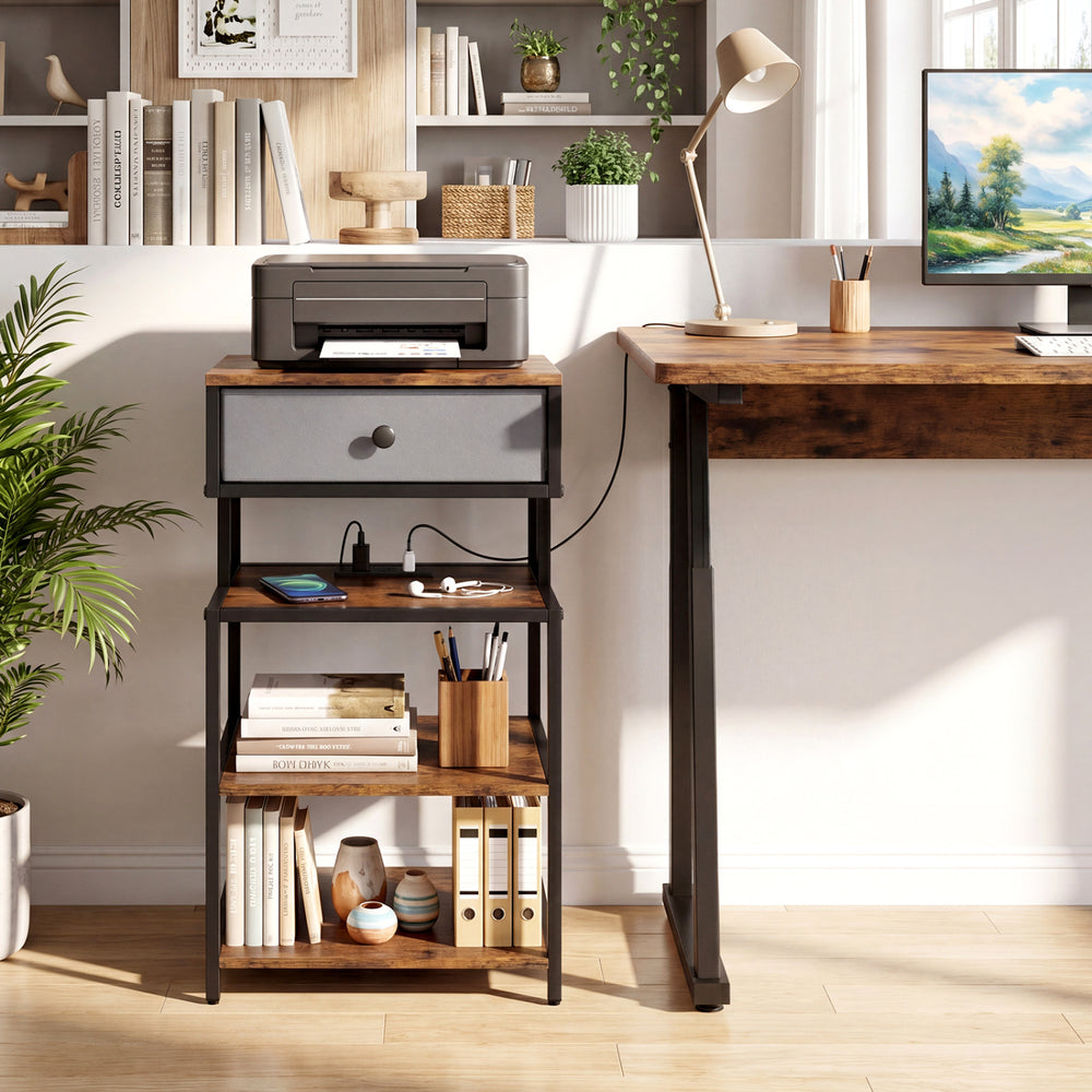 Rustic brown nightstand with a fabric drawer and charging station, ideal for bedside use or as a stylish storage.