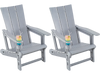 Set of 2 gray Adirondack chairs with cup holders, made from all-weather HDPE plastic for outdoor patio use.
