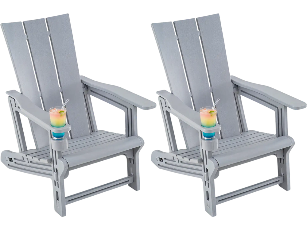 Set of 2 gray Adirondack chairs with cup holders, made from all-weather HDPE plastic for outdoor patio use.