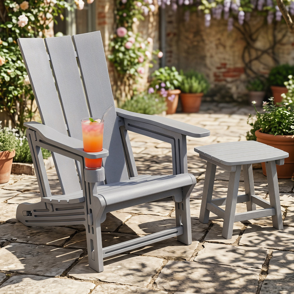 Adirondack chair set in gray with a cup holder, designed for outdoor use with all-weather HDPE plastic for durability.